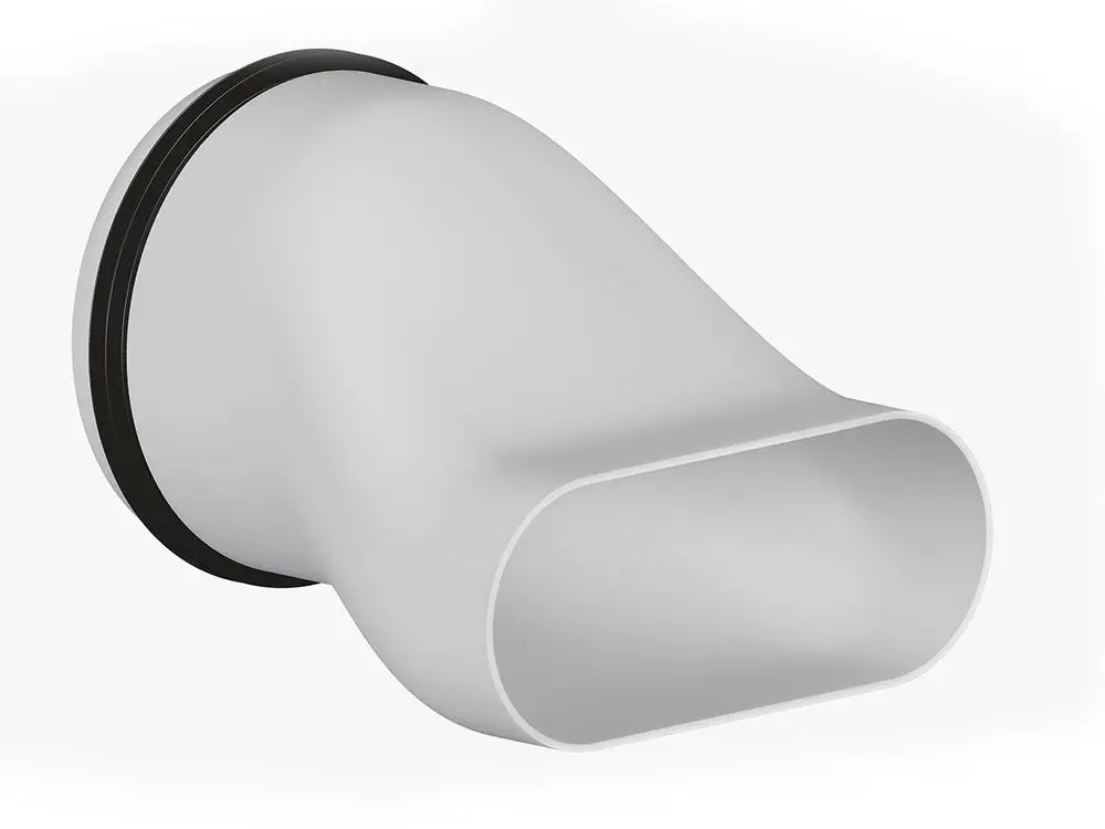Adapter von Fränkische mit ovalem Anschluss und rundem Ende, geeignet zur Verbindung von Lüftungsrohren. Weißes Kunststoffmaterial, nahtlos geformt.
